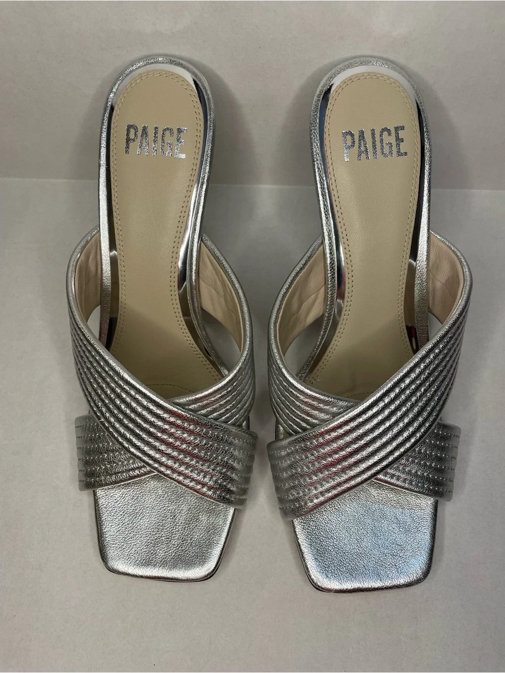 PAIGE Anthropology Leigh Metallic Silver Crisscross Open-Toed Heels